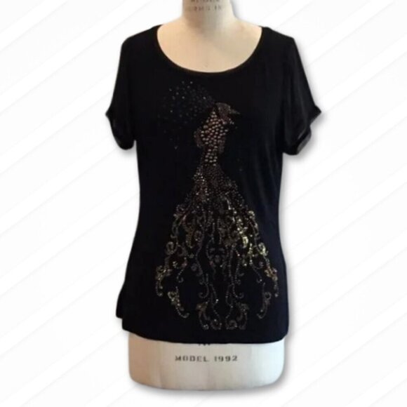 OLSEN EUROPE Crystal Stud Embellished Peacock Silk Top Sheer Sleeves Black W M - Picture 3 of 16